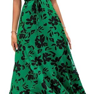 Women's Summer Maxi Dress Casual Wrap Floral Boho Short Sleeve V Neck Split Ruff